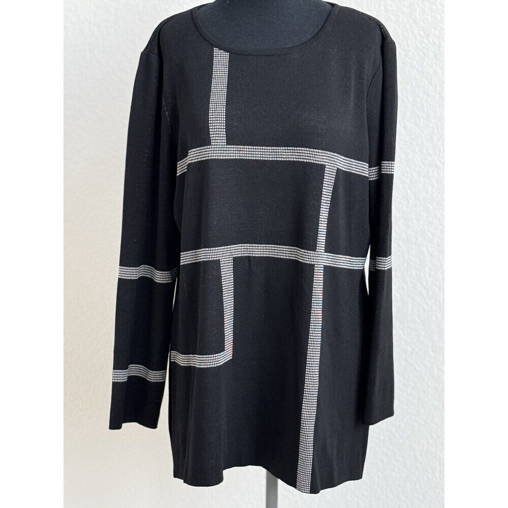 Misook‎ Tunic Sweater Black Bold Architectural Lines Knit Large Shirt Top Blouse